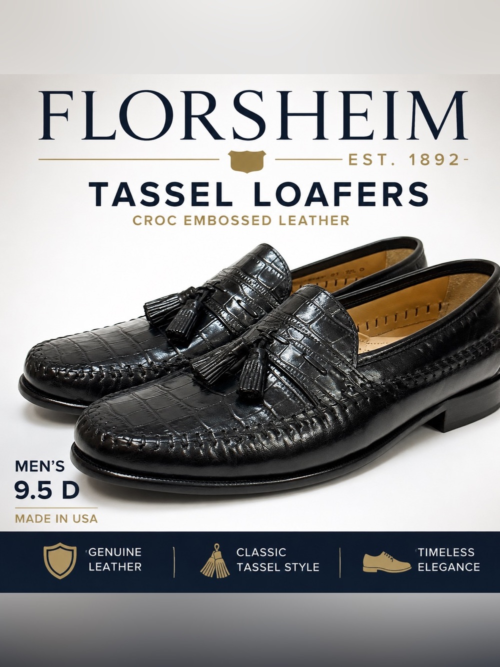 Florsheim Black Croc Embossed Leather Tassel Loafers Men’s 9.5 D USA